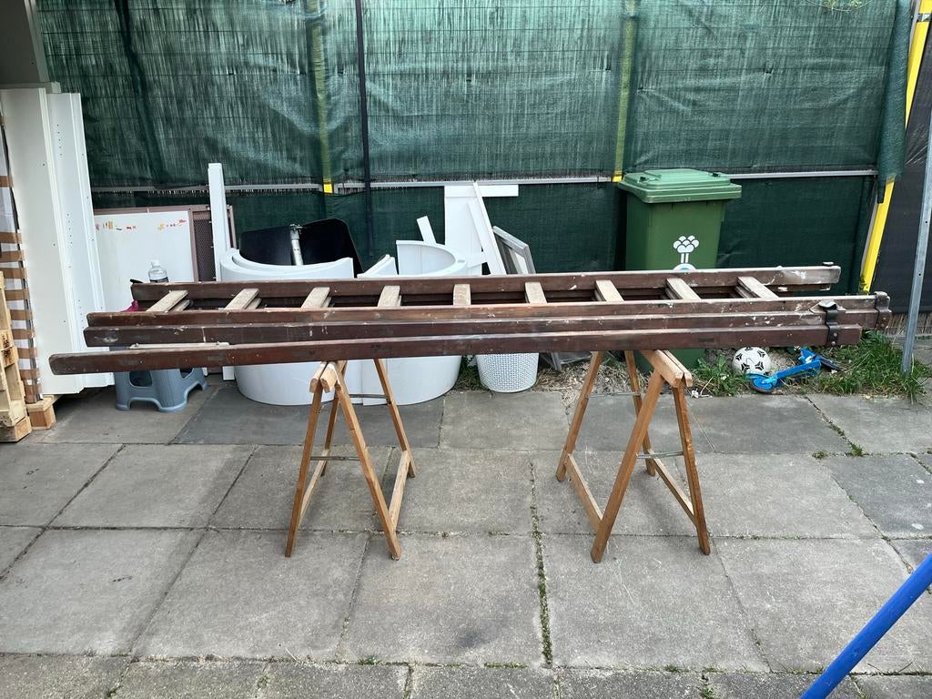 Antieke 3-delige ladder, Doe-het-zelf en Verbouw, Ladders en Trappen, Ophalen, Gebruikt, Ladder, Opvouwbaar of Inschuifbaar