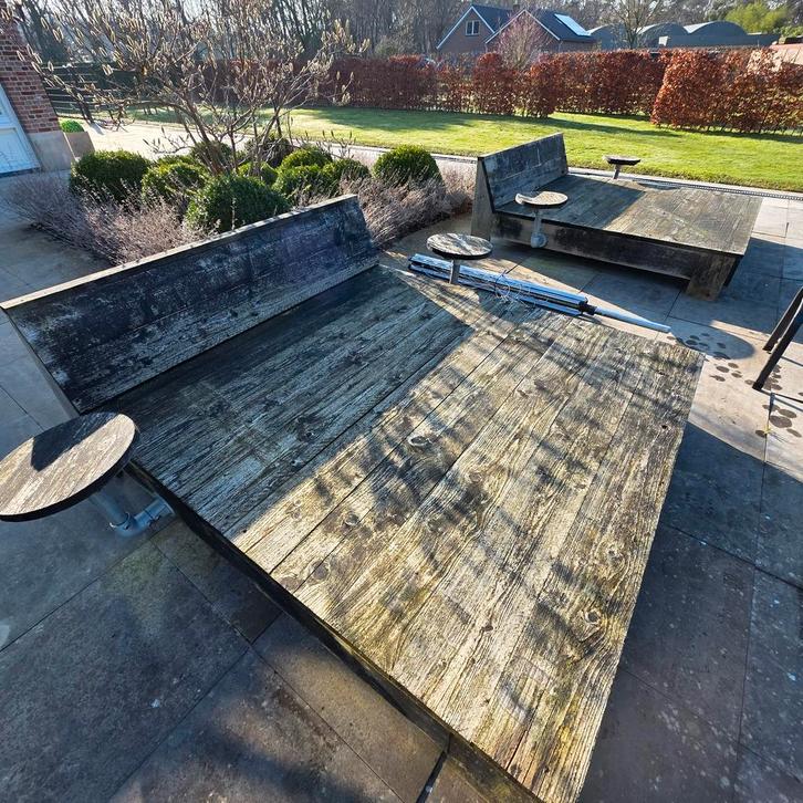 2 steigerhouten lig/loungebedden., Tuin en Terras, Ligbedden, Gebruikt, Hout, Ophalen