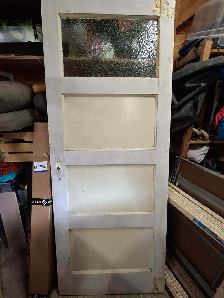 Bruynzeel viervlaksdeur met viooltjesglas, Doe-het-zelf en Verbouw, Deuren en Horren, Ophalen, Binnendeur, 200 tot 215 cm