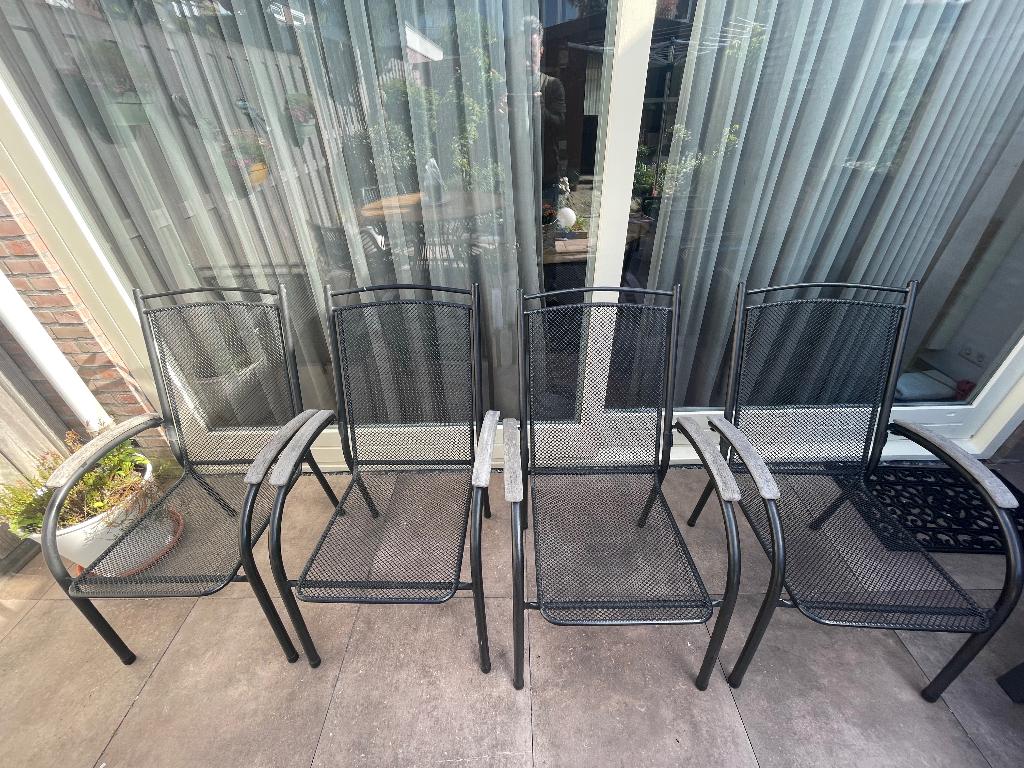 Tuinstoelen hout en metaal (4 stuks), Tuin en Terras, Tuinstoelen, Ophalen, Gebruikt, Metaal, Stapelbaar