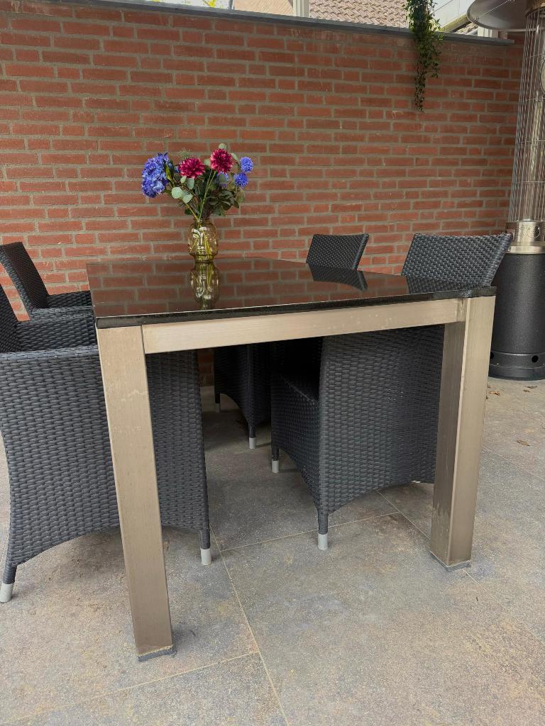 Tuintafel graniet met rvs, Ophalen, Zo goed als nieuw, Rechthoekig, Rvs