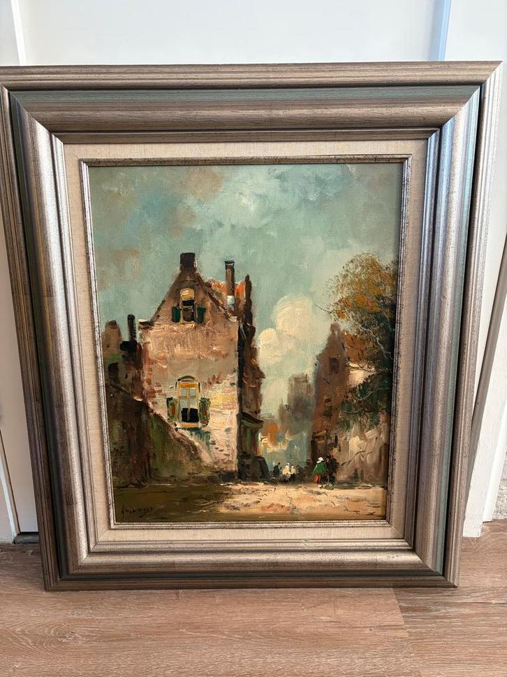 Olieverf schilderij Harrij van Dongen, Hollands tafereel, Antiek en Kunst, Kunst | Schilderijen | Klassiek, Ophalen of Verzenden