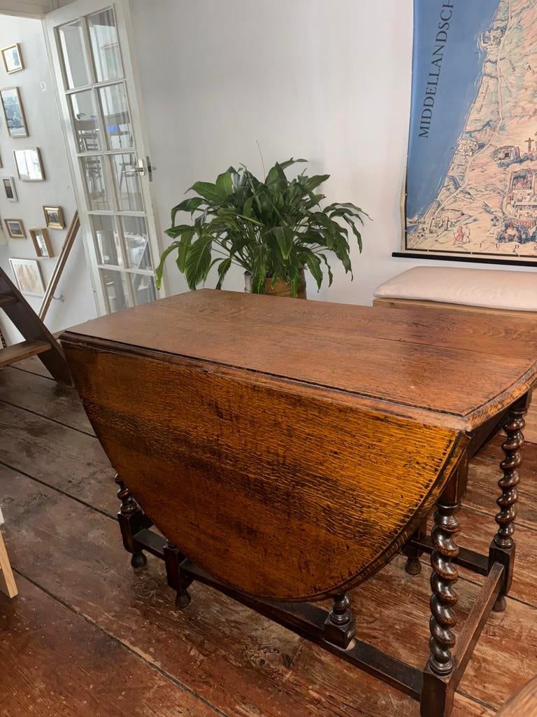 Antieke 1850 Engelse ovale eiken klap eettafel, Antiek en Kunst, Ophalen