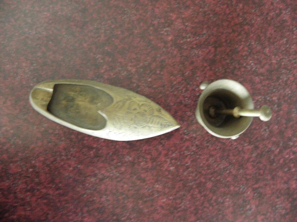 2 Koperen Miniaturen/Schoen Asbakje & Vijzelpotje, Antiek en Kunst, Ophalen of Verzenden, Koper