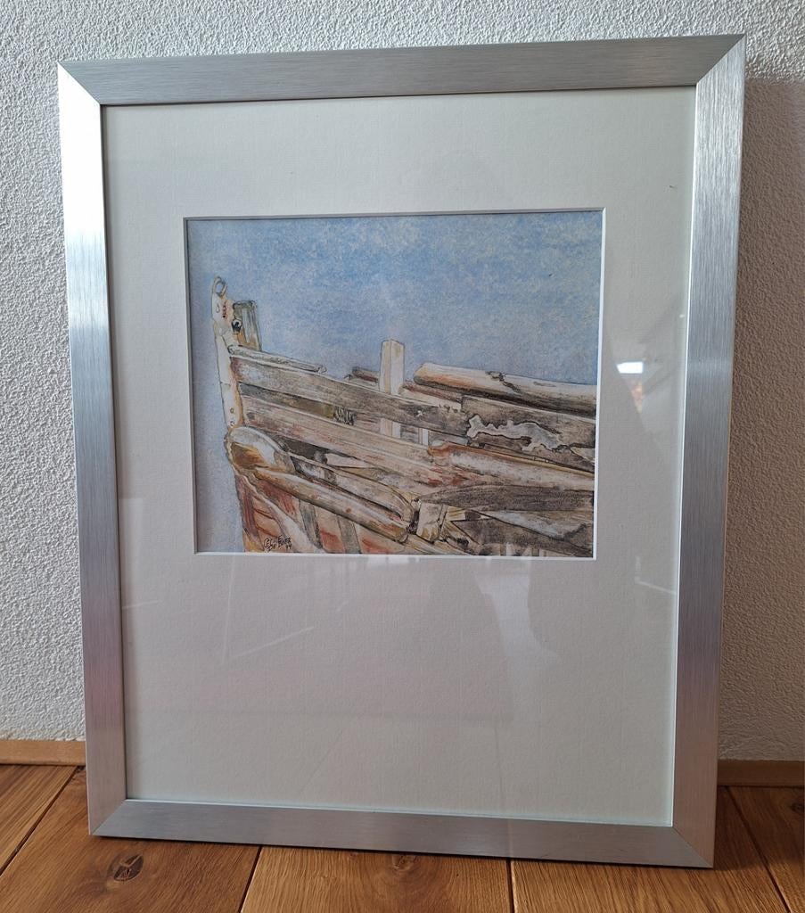 Originele aquarel - Cecile de Boer - wrak / hout / schip, Antiek en Kunst, Kunst | Tekeningen en Foto's, Ophalen