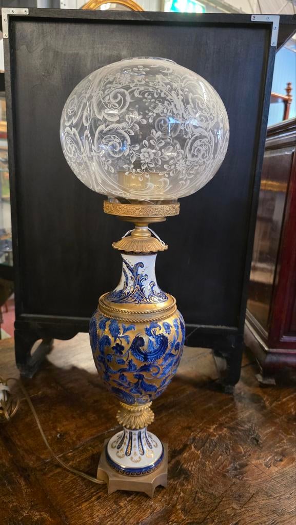 Antieke Franse Porseleinen Olielamp - Handbeschilderd, Ophalen of Verzenden