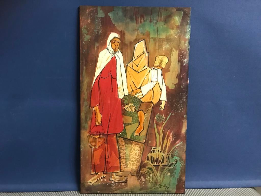 Batik Geschilderd Indiaas Tafereel op Doek (47x83 cm), Ophalen of Verzenden