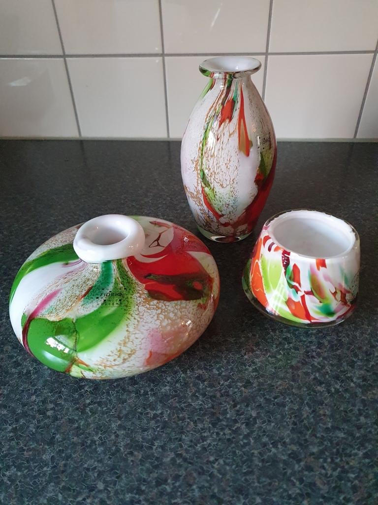Set van 3 Fidrio Holland glazen vaasjes - Mondgeblazen, Ophalen, Overige kleuren, Minder dan 50 cm, Glas