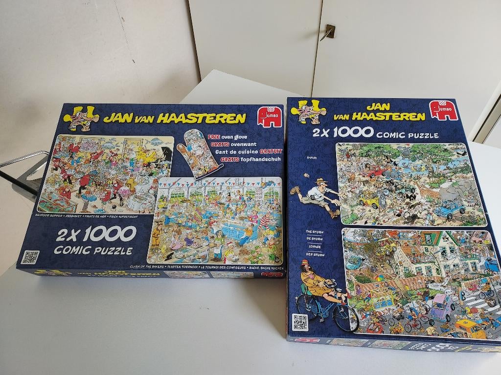 te koop: 2 dozen Jan van Haasteren puzzels met 2 in 1 doos, Ophalen, 500 t/m 1500 stukjes, Gebruikt, Legpuzzel