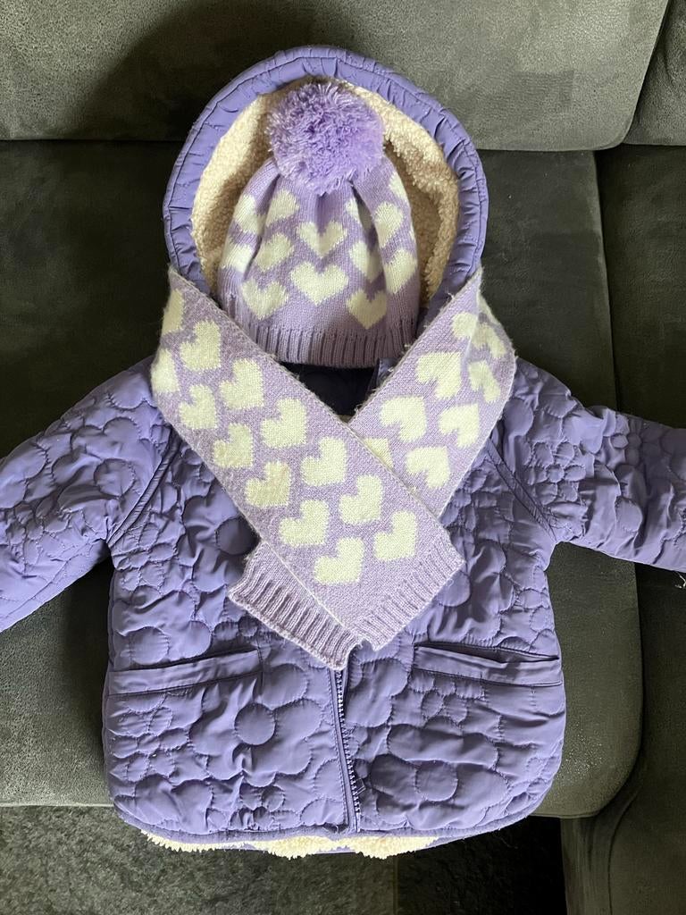 Hema kinderjas paars - maat 86-92 incl sjaal & muts, Ophalen, Gebruikt, Meisje, Jas