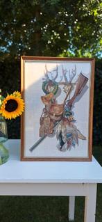 Vintage Engels borduurwerk in houten lijst, jacht tafereel,, Minder dan 50 cm, Gebruikt, Vintage, Ophalen of Verzenden