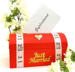 Zeer mooie rode enveloppendoos "Just Married"., Ophalen of Verzenden, Nieuw, Feestartikel, Geboorte of Huwelijk