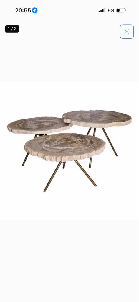 Set van 3 Salontafels Versteend Hout met Zwarte Driepoot, Huis en Inrichting, Tafels | Salontafels, Ophalen, Overige materialen