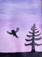 Vliegende vogel bij zonsondergang - Aquarel schilderij, Ophalen of Verzenden