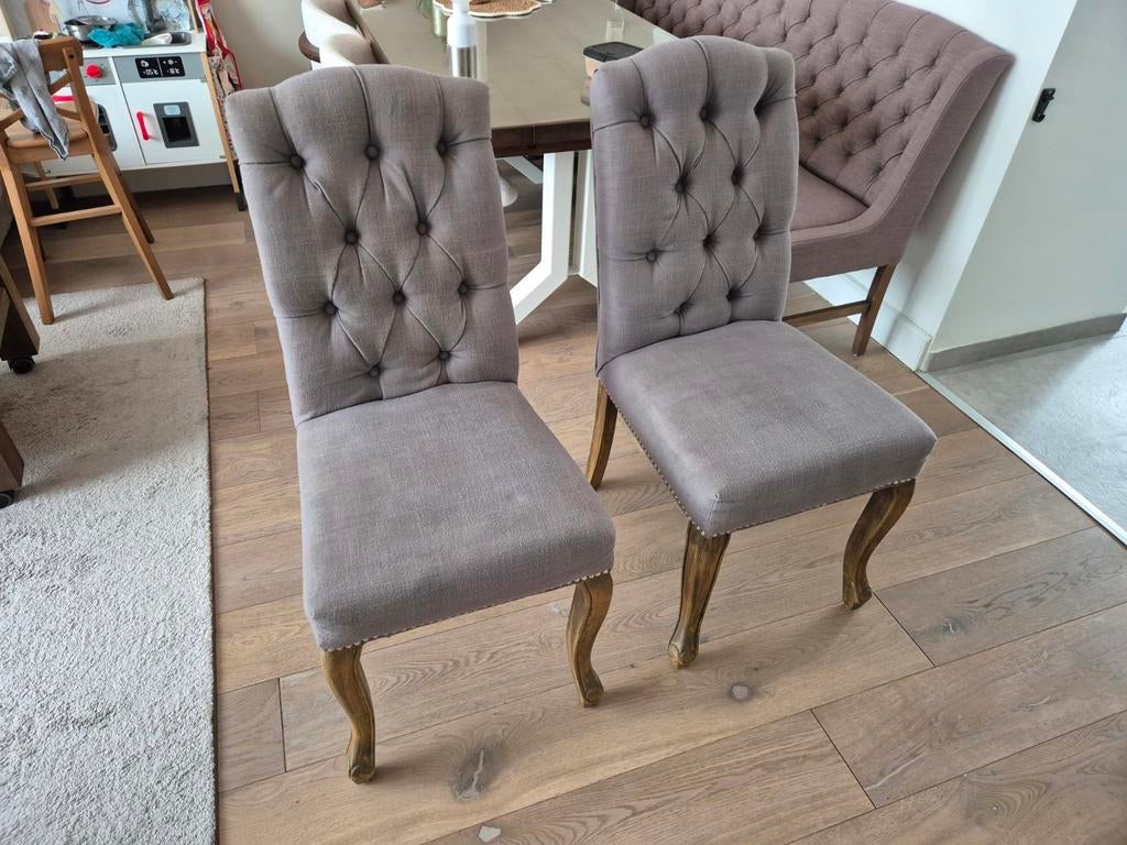 Twee Dubbelman Design gecapitonneerde eetkamerstoelen, Huis en Inrichting, Stoelen, Ophalen, Gebruikt, Twee, Overige kleuren