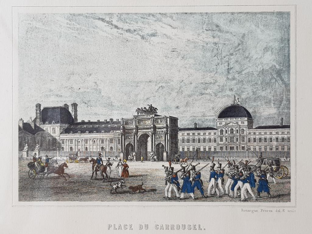 Place du Carrousel antieke ingelijste gravure uit Frankrijk., 1800 - 1899, Stadsgezicht, Met tekst, Ophalen of Verzenden