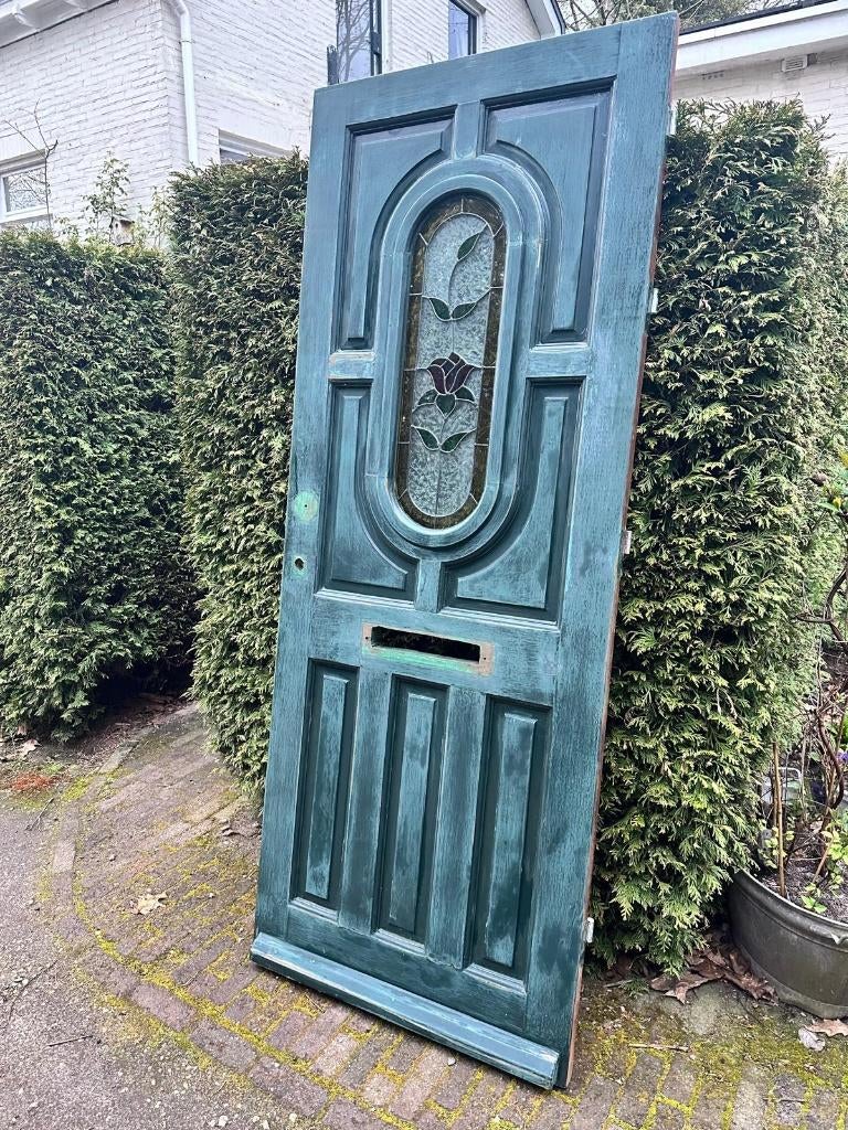 Hardhouten voordeur glas in lood bloem deur retro, Ophalen, Gebruikt, 80 tot 100 cm, Buitendeur