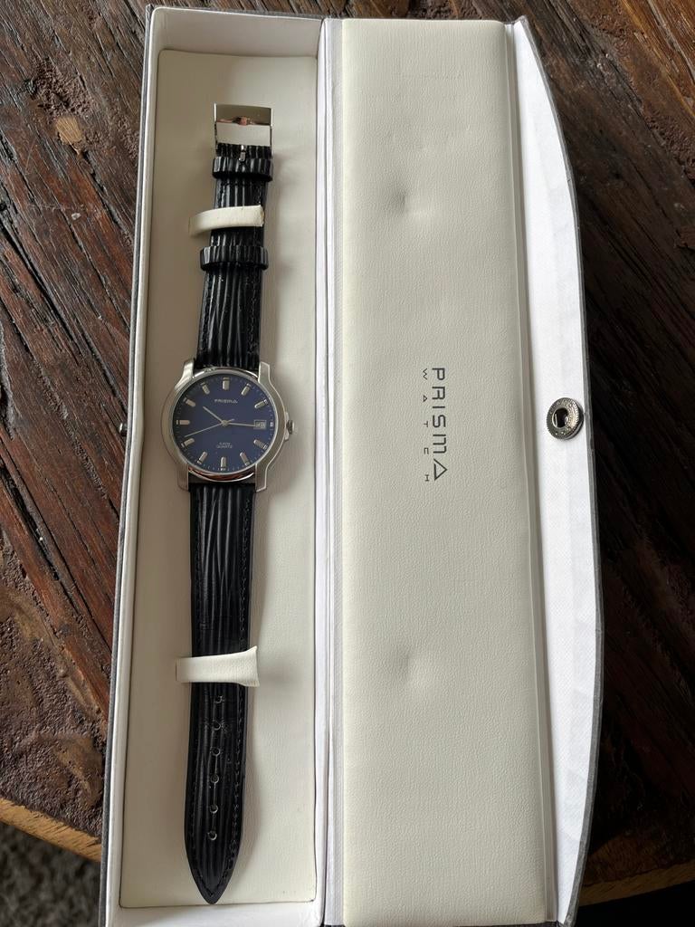 Prisma horloge met blauwe wijzerplaat en leren band, Overige merken, Leer, Staal, Polshorloge