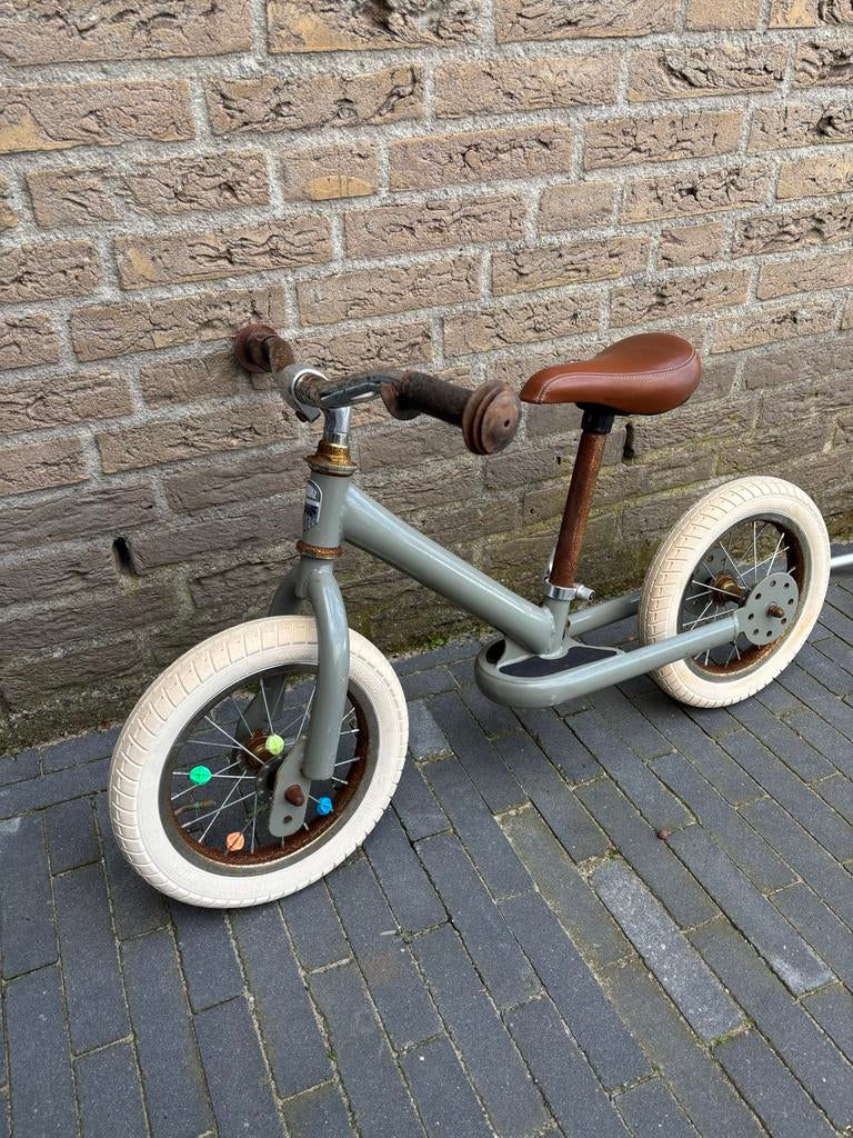 Trybike 2 in 1 loopfiets - vintage groen met bruin zadel, Ophalen, Gebruikt, Minder dan 16 inch, Zijwieltjes