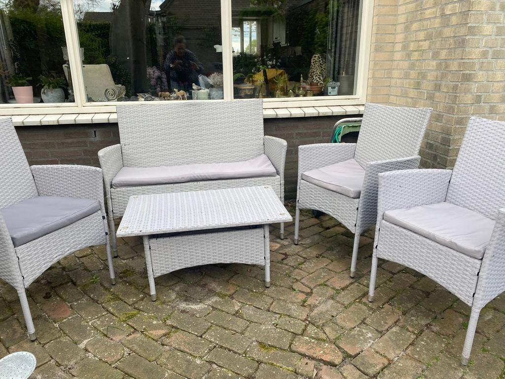 Wicker tuinset lichtgrijs 7-delig, Ophalen, Gebruikt, Wicker