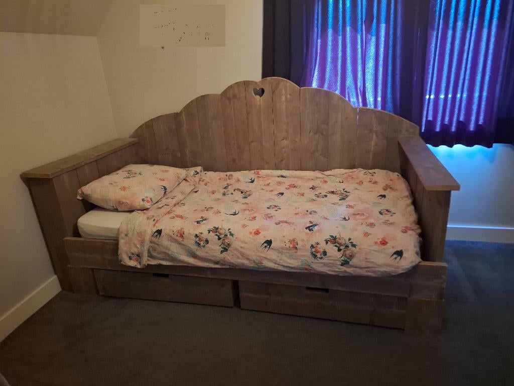 Bed van Steigerhout met onderlades, Ophalen, Gebruikt, 90 cm, Steigerhout