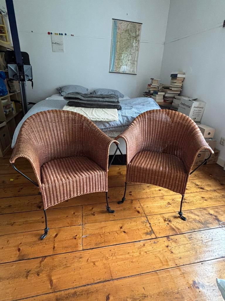 Set van twee rieten stoelen, Huis en Inrichting, Stoelen, Ophalen, Gebruikt, Twee, Bruin