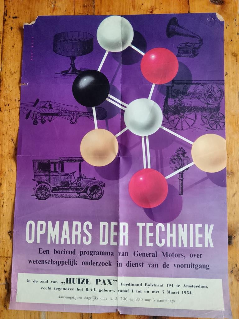 Affiche: Op Mars der Techniek - General Motors 1954, Ophalen of Verzenden, A1 t/m A3, Overige onderwerpen, Rechthoekig Staand