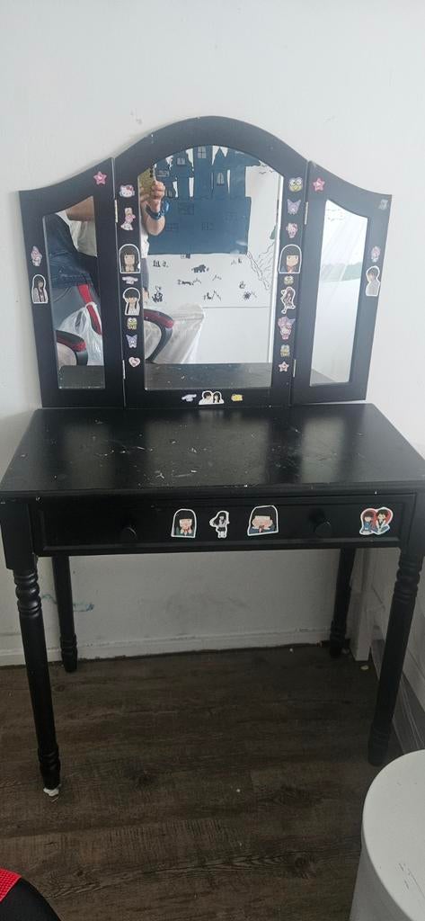 Zwarte kaptafel met lade en drieluik spiegel, Ophalen of Verzenden
