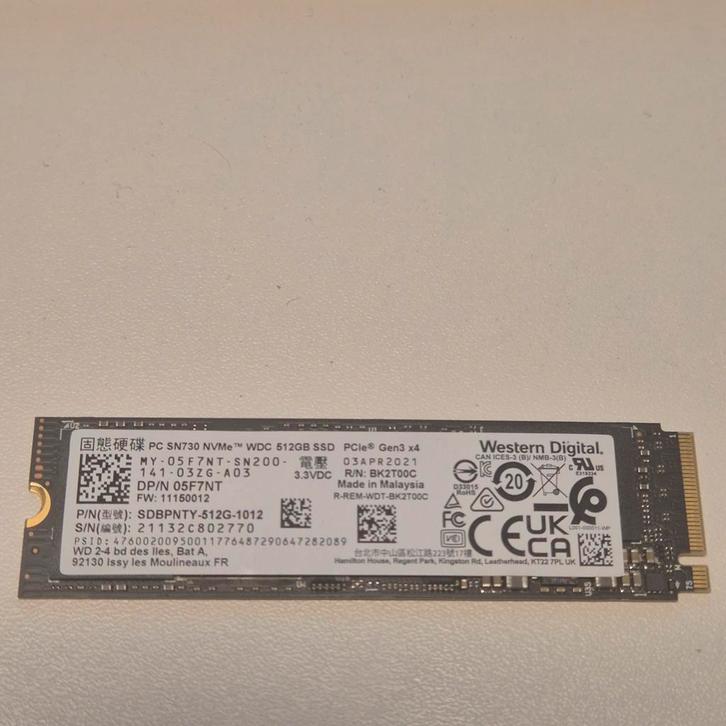 Western digital  SN730 512GB Nvme SSD 2280, Computers en Software, Harde schijven, Gebruikt, Laptop, Intern, SSD, Overige aansluitingen
