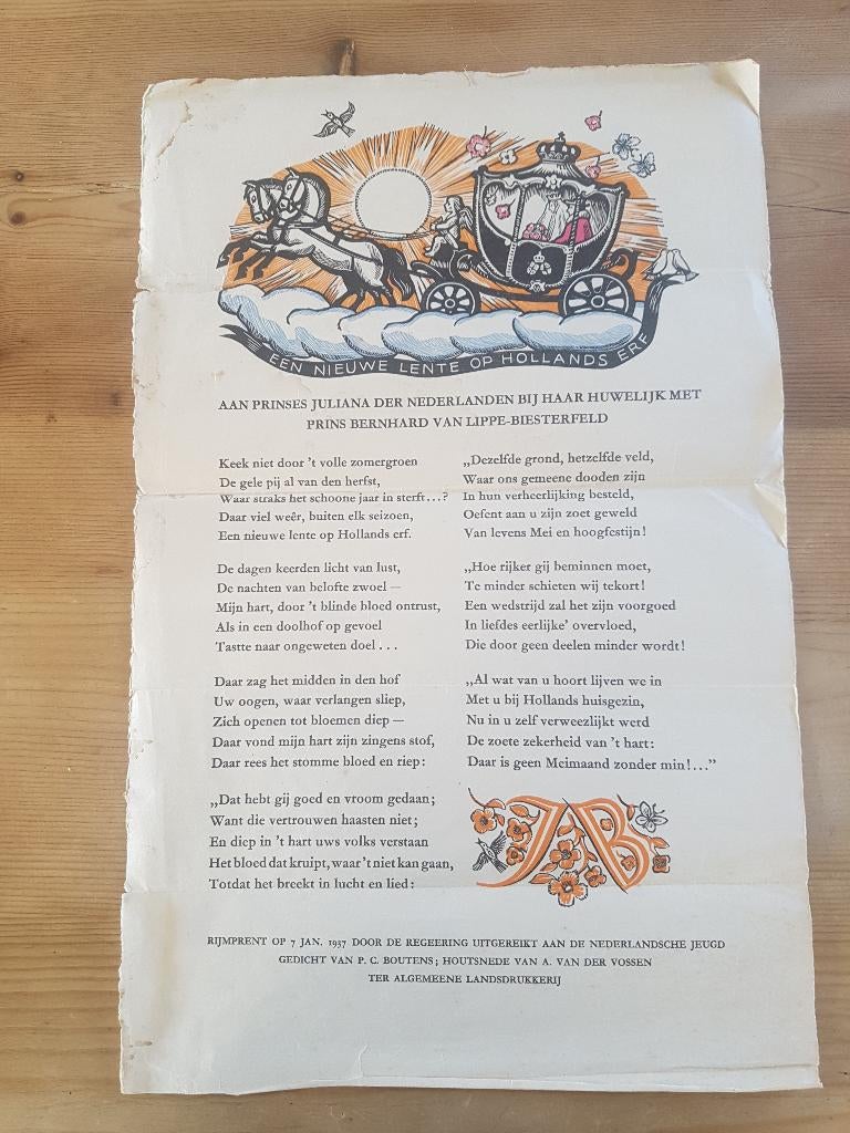 Rijmprent Huwelijk Prinses Juliana en Prins Bernhard 1937, Ophalen of Verzenden, Voor 1940, Overige onderwerpen
