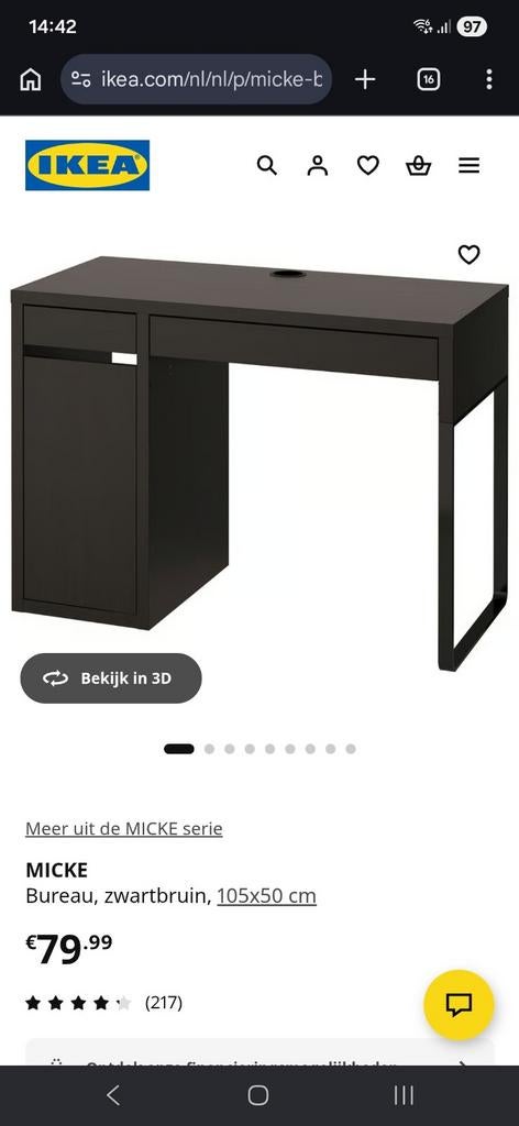 IKEA Micke bureau zwartbruin 105x50 cm met lade en kast, Ophalen, 105 cm, Gebruikt, Met lades