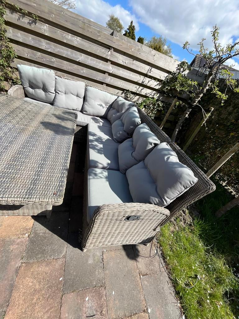 Wicker loungeset met glazen tafel en comfortabele kussens, Tuin en Terras, Ophalen, Gebruikt, 6 zitplaatsen, Loungeset