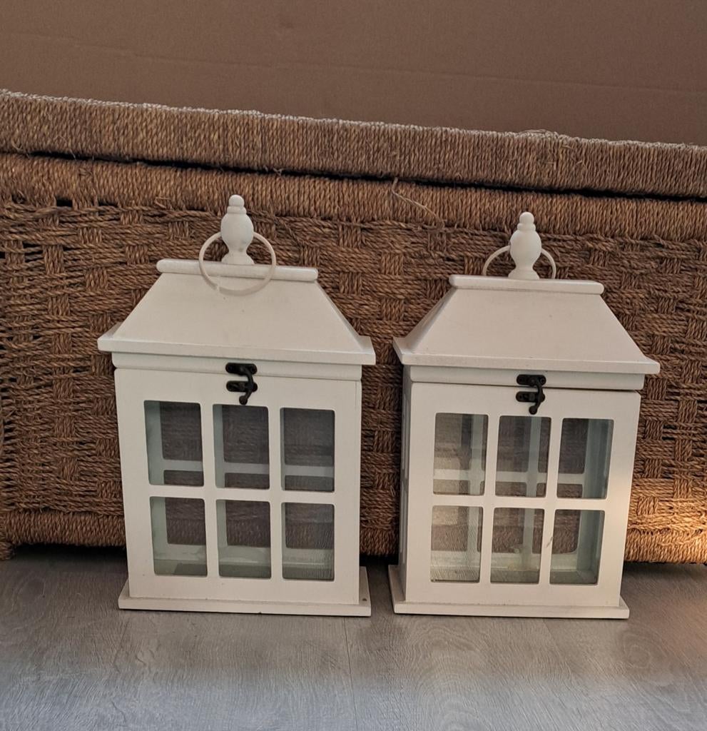 2 Houten Witte Lantaarns - Sfeervolle Decoratie, Ophalen, Zo goed als nieuw, Landelijk, Modern, Scandinavisch