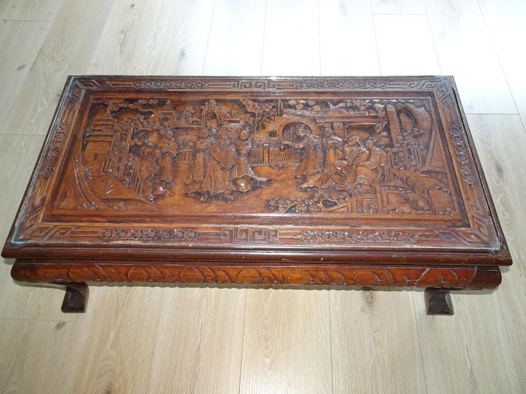 Chinese salontafel met glasplaat ( 50 x 100 cm ), Ophalen, Gebruikt, 100 tot 150 cm, 50 tot 100 cm