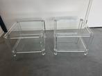 2 Perspex bijzettafels met glazen platen - 60x60x45 cm, Huis en Inrichting, Tafels | Bijzettafels, 45 tot 60 cm, Kunststof, Vierkant