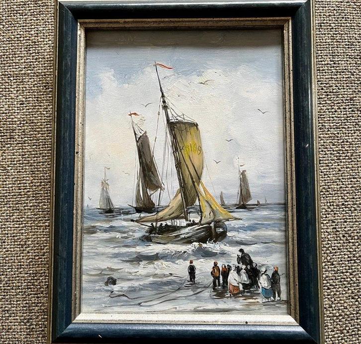 Schilderij Strand met bomschuiten, Antiek en Kunst, Kunst | Schilderijen | Klassiek, Ophalen of Verzenden