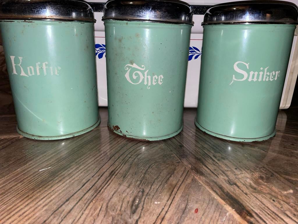 Vintage voorraadpotten: Koffie, Thee, Suiker (set van 3), Antiek en Kunst, Antiek | Keukenbenodigdheden, Ophalen of Verzenden