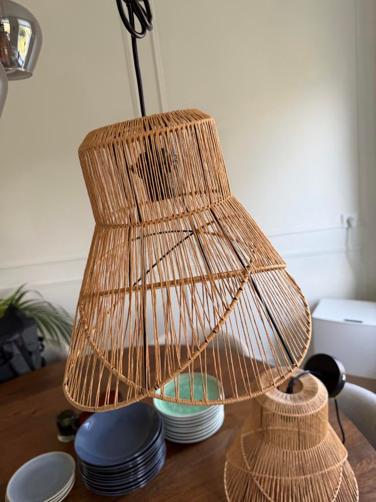 Set van 2 Rotan Hanglampen - Bohemian Stijl, Huis en Inrichting, Ophalen, Zo goed als nieuw, Overige materialen, Minder dan 50 cm