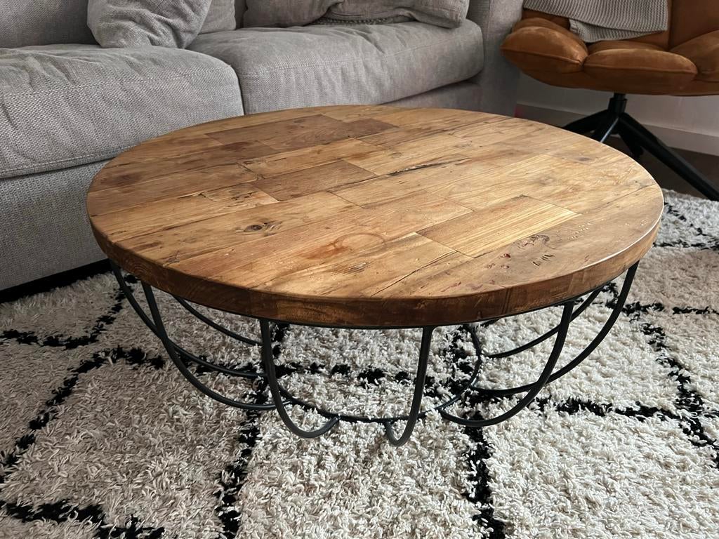 Ronde salontafel met stalen onderstel, Huis en Inrichting, Tafels | Salontafels, Gebruikt, 50 tot 100 cm, Rond, Ophalen of Verzenden