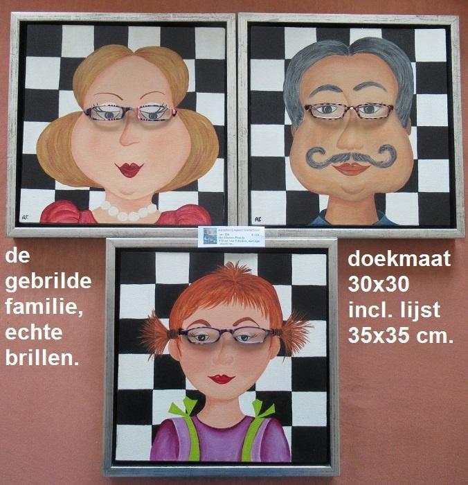 3 luik schilderijen, de gebrilde familie, met echte brillen, Antiek en Kunst, Kunst | Schilderijen | Modern, Ophalen of Verzenden