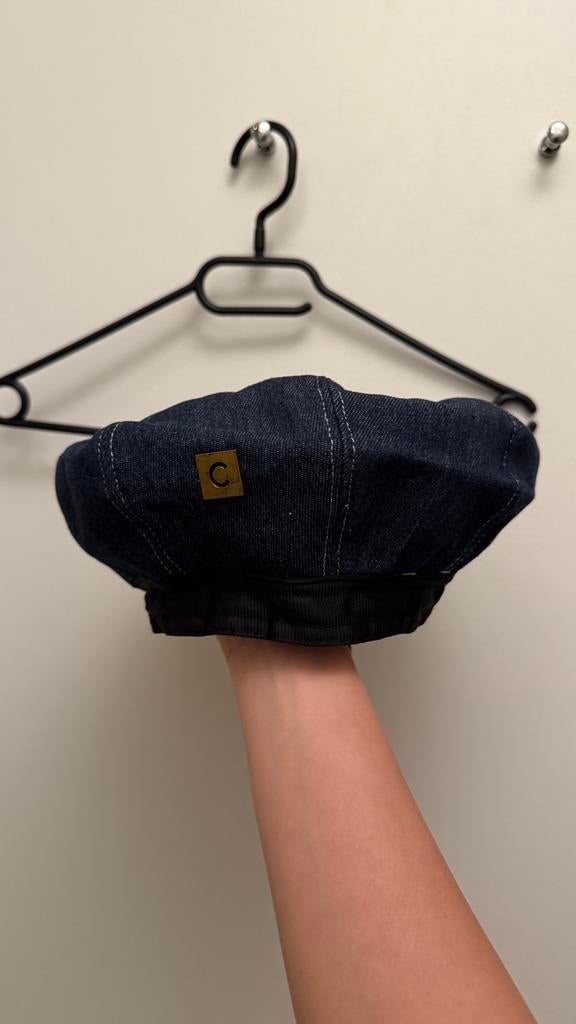 Donkerblauwe denim baret met leren rand, Ophalen of Verzenden, Zo goed als nieuw, One size fits all, Pet