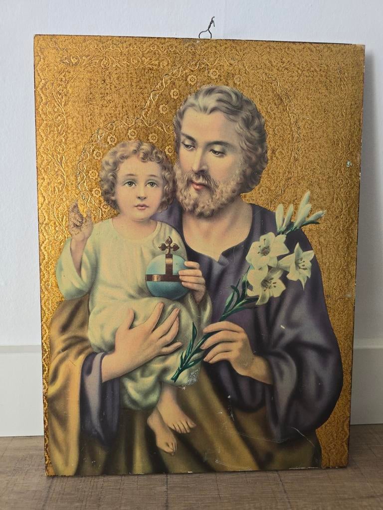 Antieke ets van de heilige Jozef met kindjes Jezus €15, Ophalen of Verzenden