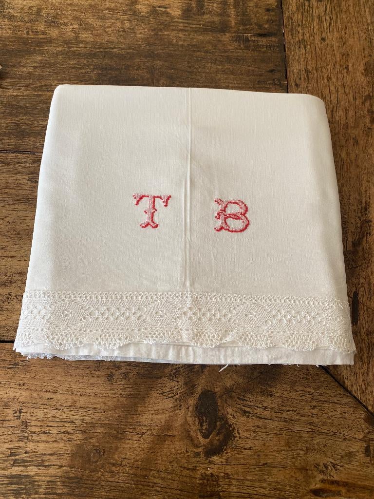 Brocante Frans hand geborduurde/broderie laken, monogram TB, Antiek en Kunst, Ophalen of Verzenden