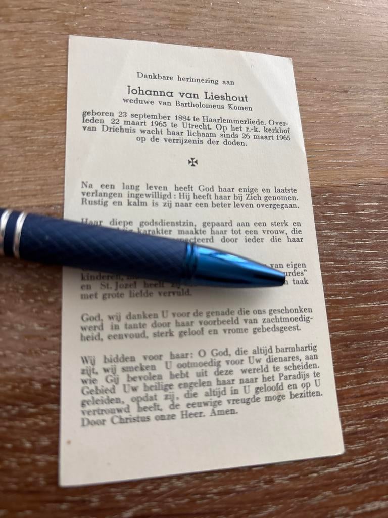 Lieshout v Joh Haarlemmerliede 1965 Utrecht Driehuis x Komen, Ophalen of Verzenden, Bidprentje