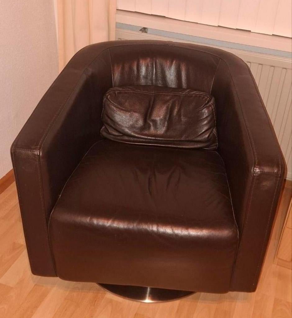 Bruin leren draaibare fauteuil/ stoel, Huis en Inrichting, Fauteuils, Ophalen, Gebruikt, 75 tot 100 cm, 50 tot 75 cm