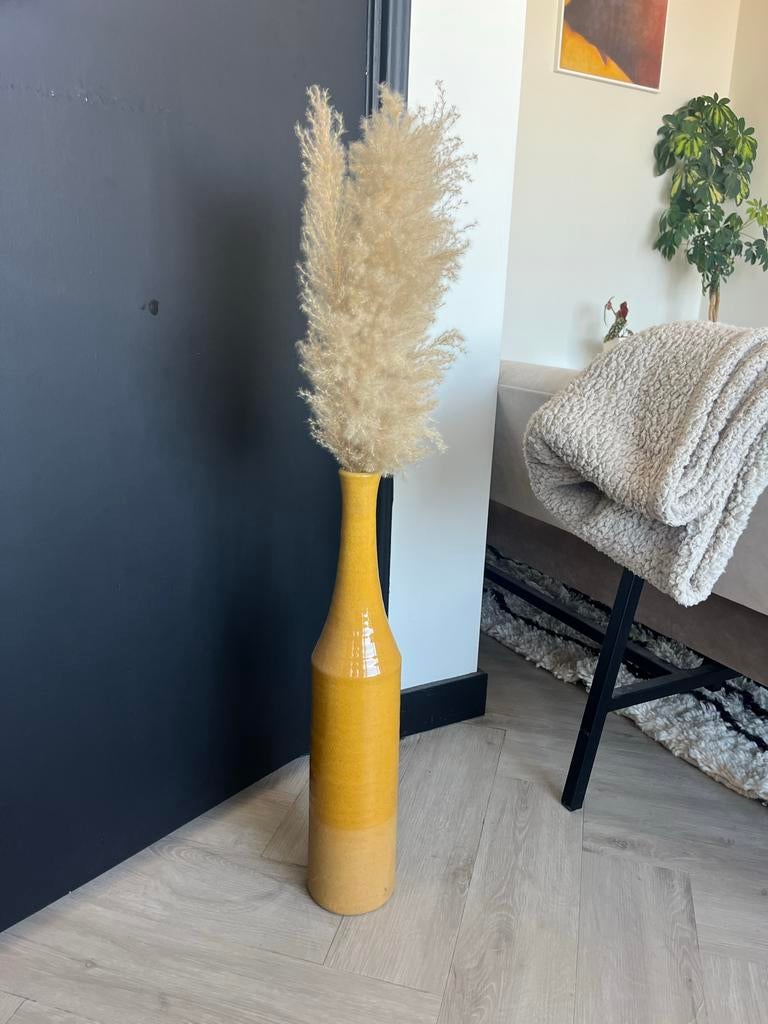 Gele vaas met pluim - Decoratieve vloervaas, Ophalen, Overige materialen, Geel, Zo goed als nieuw