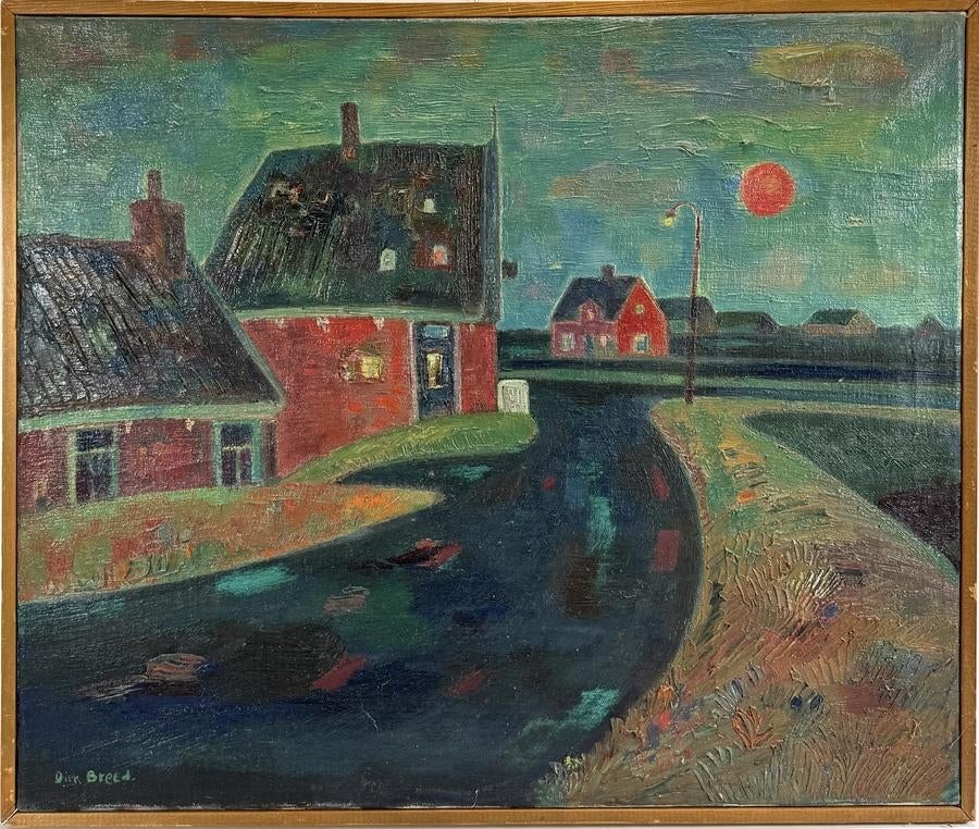 1145. Olieverfschilderij, Dirk Breed - dorpsgezicht 20e eeuw, Antiek en Kunst, Ophalen of Verzenden