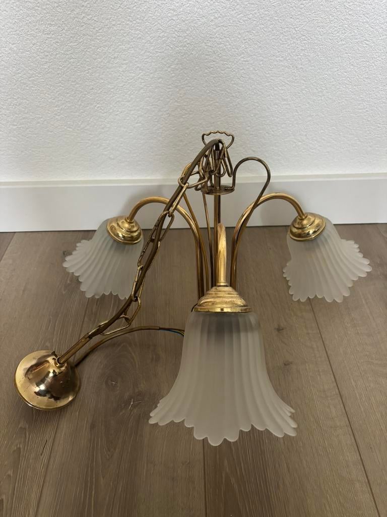 Vintage lamp, goud en glas, Ophalen, Gebruikt, Glas