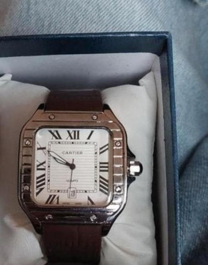Cartier Santos met bruine leren horlogeband, Overige merken, Leer, Staal, Polshorloge