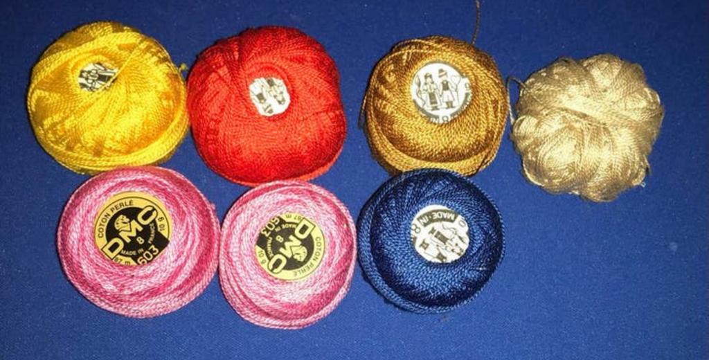 7 x kleuren DMC Coton Perle borduurgaren, Ophalen, Gebruikt, Handborduren, Borduurgaren of Zijde